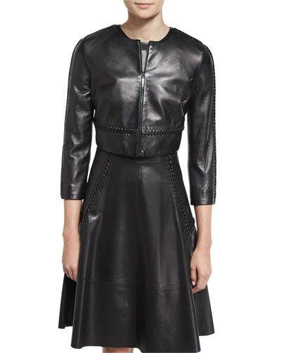 3/4-sleeve Braided-trim Leather Jacket, Black