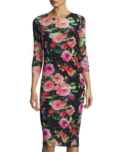 Floral-print Mesh 3/4-sleeve Dress,