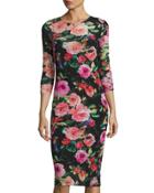 Floral-print Mesh 3/4-sleeve Dress,