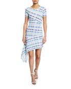 Plaid Directional Draped Short-sleeve Asymmetric Dress