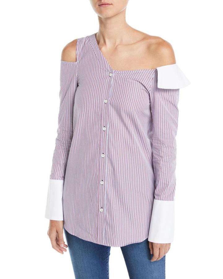 One-shoulder Cutout Striped Button-front