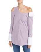 One-shoulder Cutout Striped Button-front