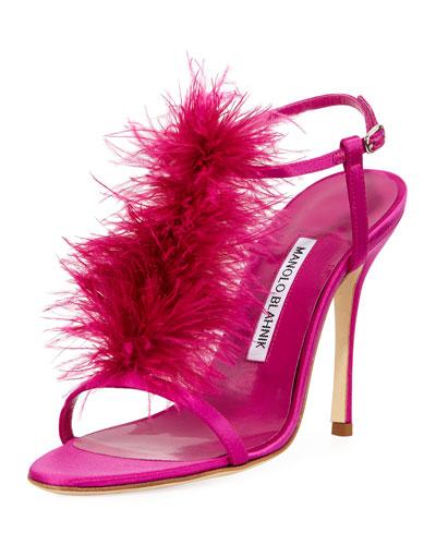 Eila Satin Feather Sandal, Fuchsia