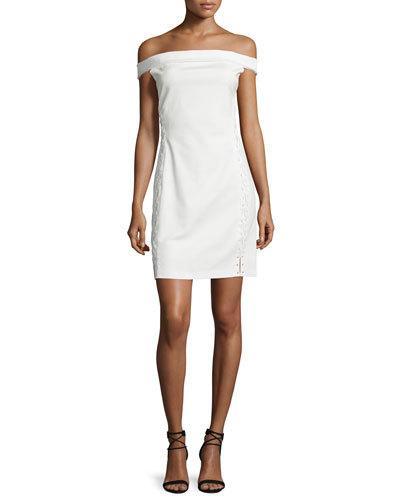 Off-the-shoulder Lace-up Cocktail Dress, Off White