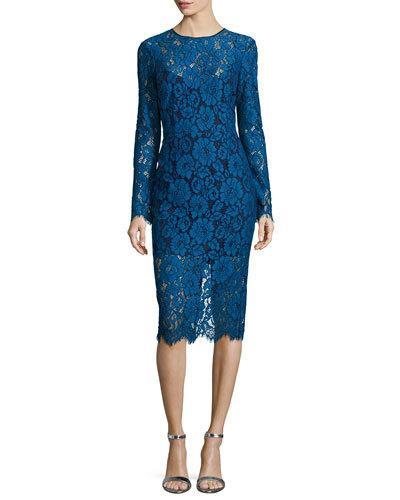 Gynne Long-sleeve Lace Pencil Dress, Blue