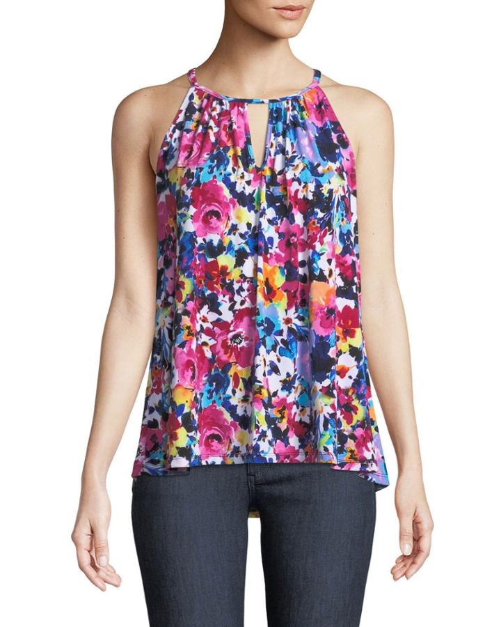 High-neck Floral Draped Tank