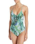 Palm Party Printed Lace-up One-piece