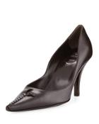 Leather Woven Pointed-toe Pump, Dark Brown