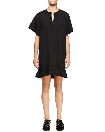 Short-sleeve Peplum-hem Dress, Black