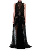 Lace & Chiffon Mock-neck Gown With Velvet Trim, Black