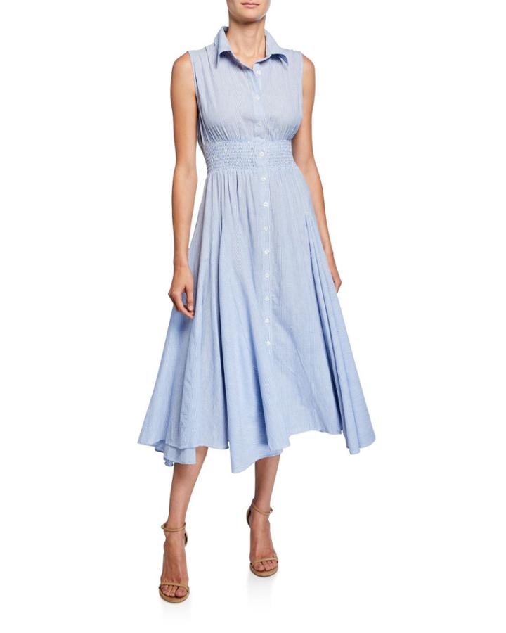 Striped Button-front Smocked-waist Fit-&-flare Dress