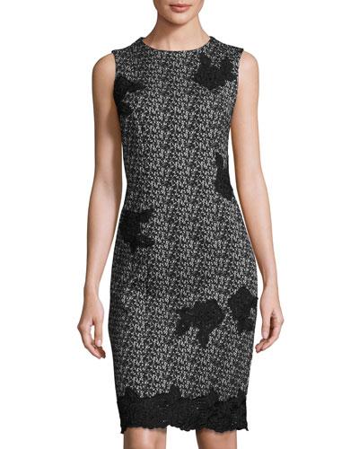 Jacquard Sheath Dress With Floral Applique, Gray/black