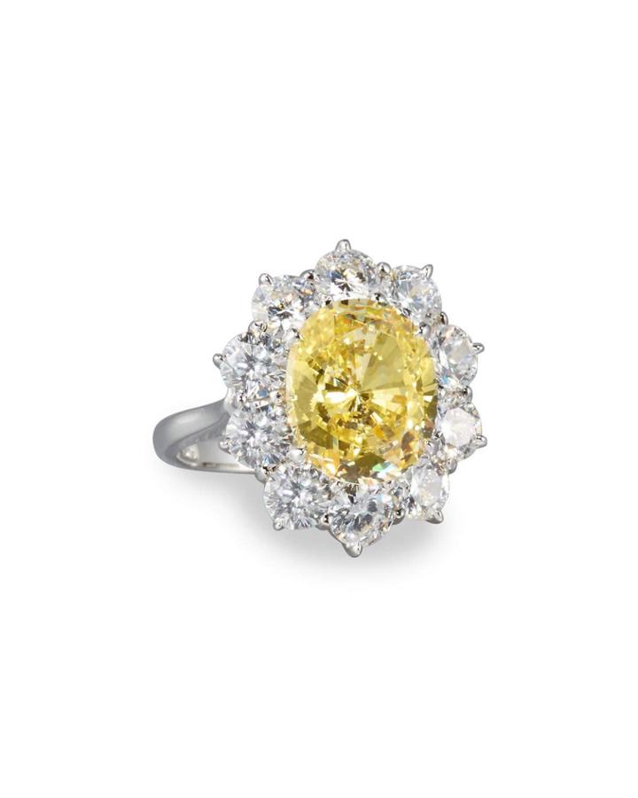 Oval Canary & Clear Cz Crystal Flower Ring,