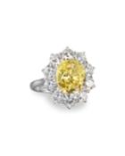 Oval Canary & Clear Cz Crystal Flower Ring,