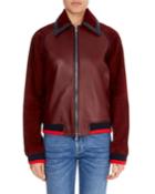 Zip-front Leather Bomber Jacket W/ Ribbed Hem & Cuffs