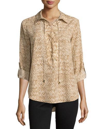 Snake-print Lace-up Tab-sleeve Blouse, Dark Camel