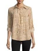 Snake-print Lace-up Tab-sleeve Blouse, Dark Camel