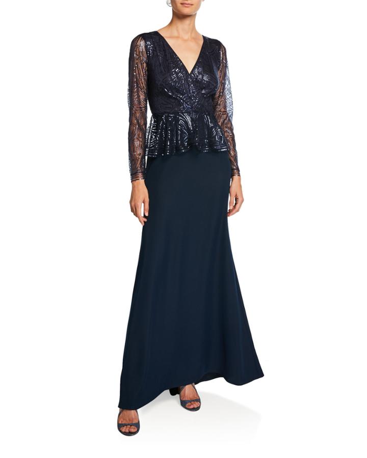 Long-sleeve Sequin Peplum Gown With Crepe