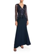 Long-sleeve Sequin Peplum Gown With Crepe