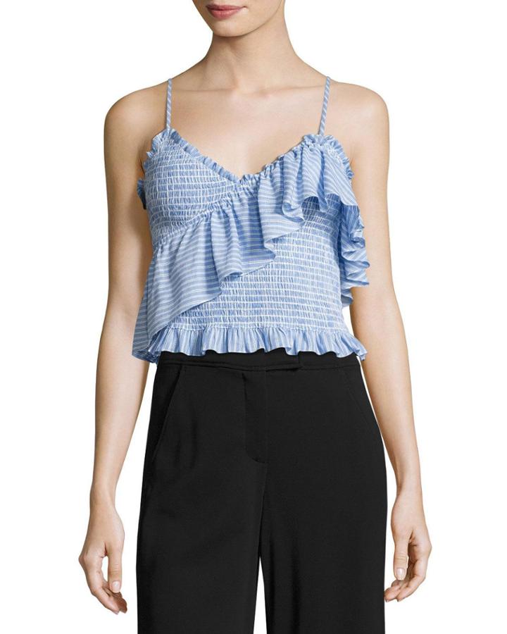 Mara Smocked Ruffled Crop Top, Blue Pattern