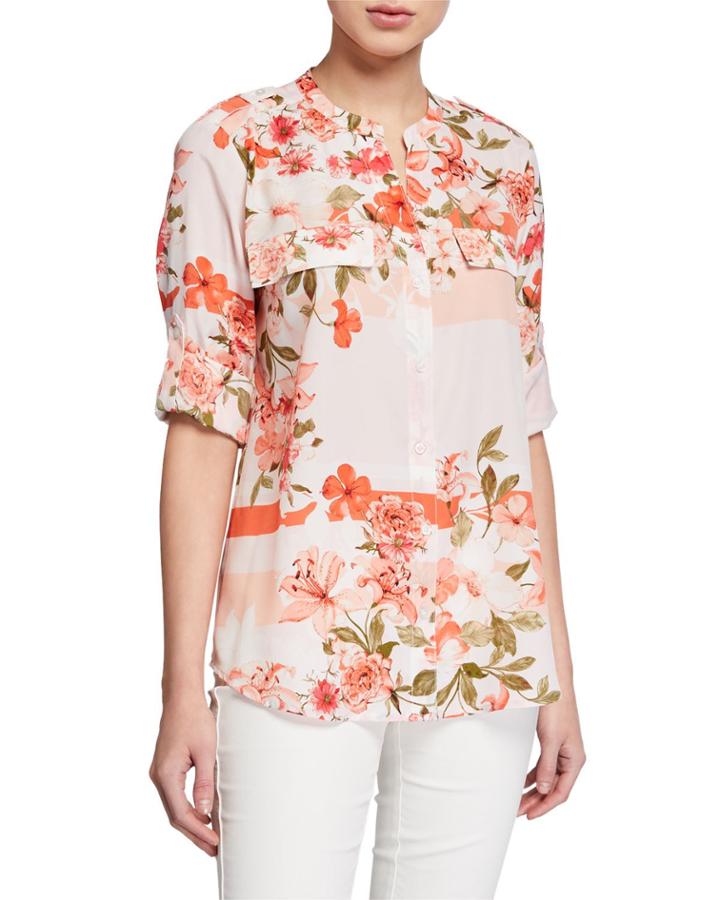 Floral-print Chiffon Roll-sleeve