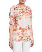 Floral-print Chiffon Roll-sleeve