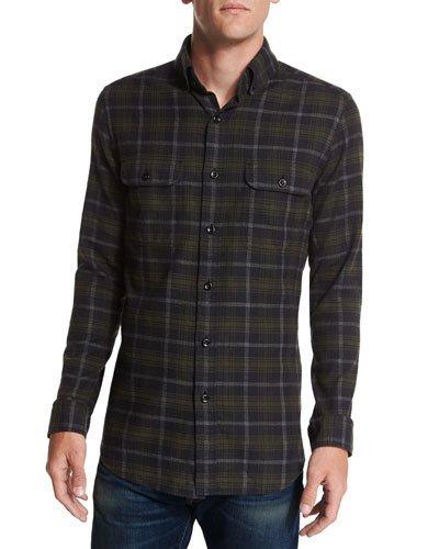 Plaid Flannel Sport Shirt, Black/green