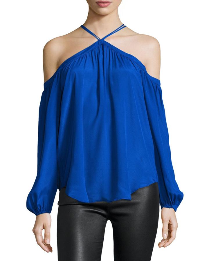 Santina Cold-shoulder Long-sleeve Top, Blue