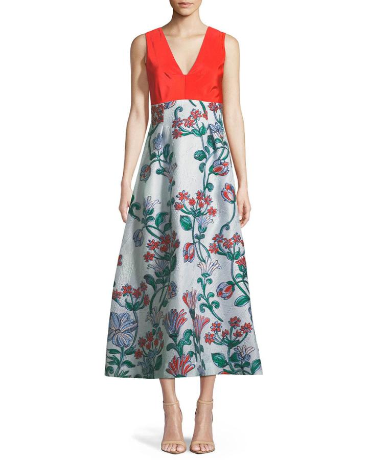 V-neck Sleeveless A-line Fil-couple Dress With Drawn Floral Jacquard