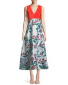 V-neck Sleeveless A-line Fil-couple Dress With Drawn Floral Jacquard