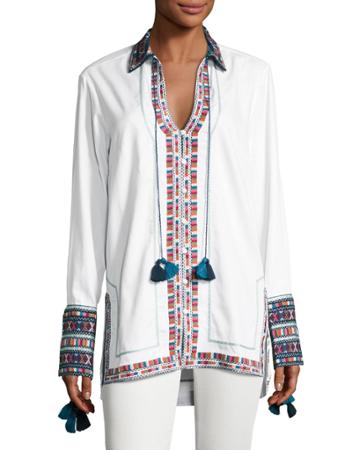 Embroidered Cotton Button-front Tunic, Ivory