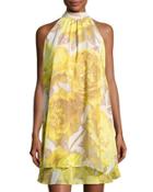 Floral-print Chiffon Halter Dress, Yellow/white