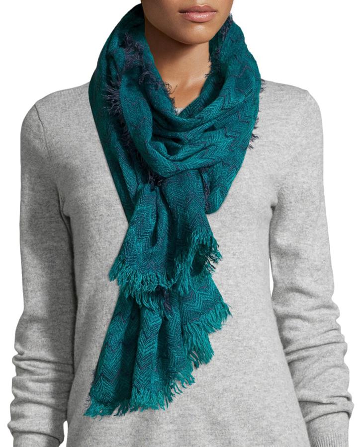 Neiman Marcus Two-tone Zigzag Fringe Scarf, Teal/navy, Women's, Blue/ Navy