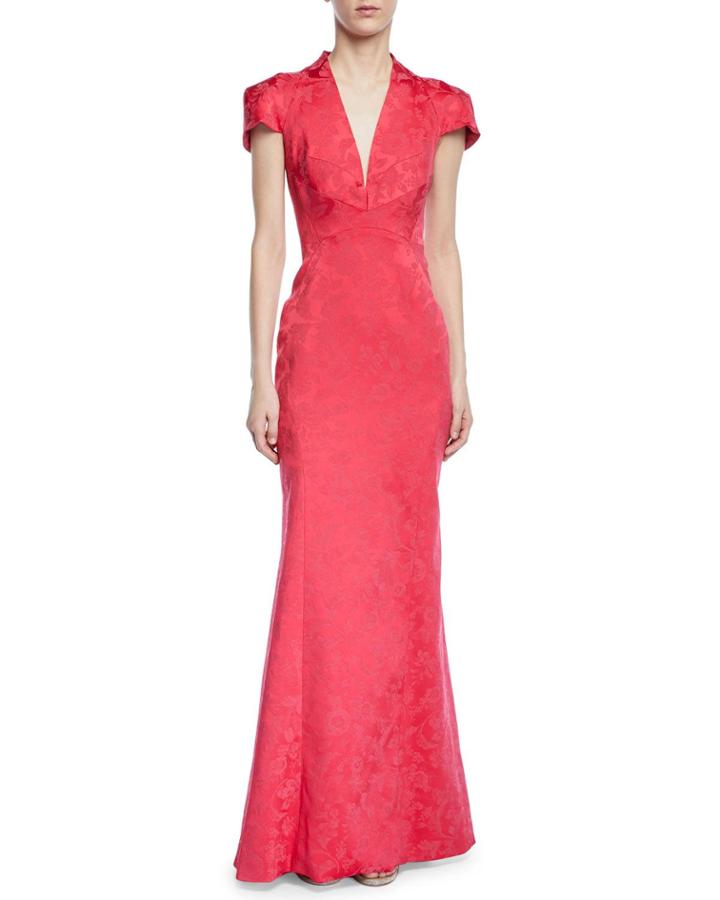 Party Jacquard V-neck Cap-sleeve Gown