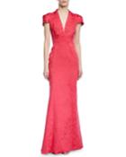 Party Jacquard V-neck Cap-sleeve Gown