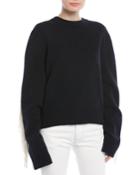 Crewneck Long-sleeve Virgin-wool Sweater W/ Fringe Detail