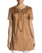 Short-sleeve Lace-up Faux-suede Top, Tan