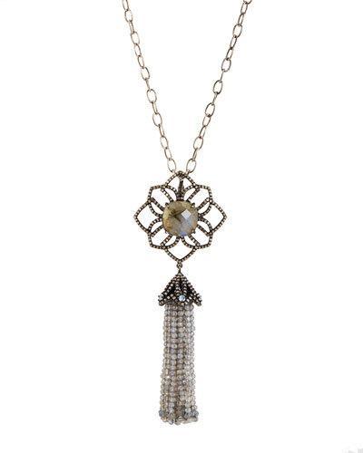 Long Labradorite & Diamond Flower Tassel Necklace