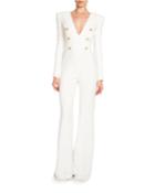Deep-v Long-sleeve Six-button Flared-leg Crepe Jumpsuit