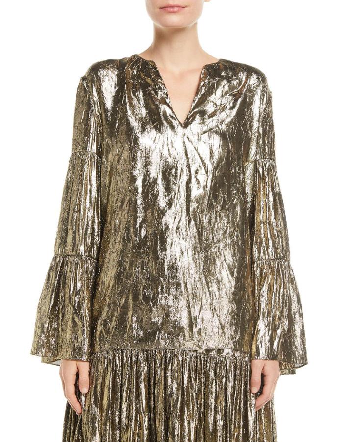 Bell-sleeve V-neck Crushed-lame Peasant Blouse