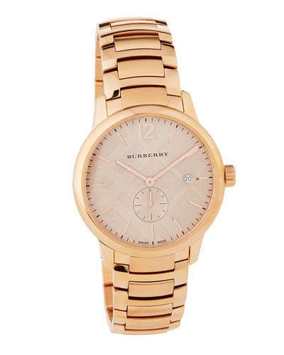 40mm Classic Round Bracelet Watch W/ Check Dial, Rose Golden
