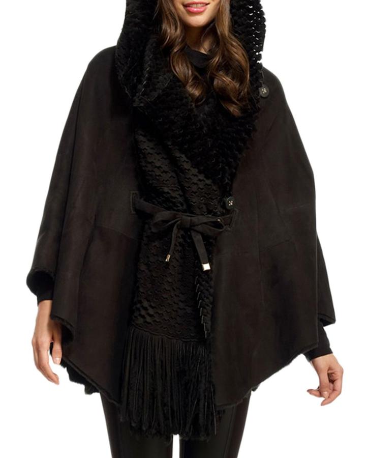 Hooded Shearling Cape Jacket