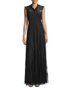 Sleeveless Button-front Lace-overlay Gown