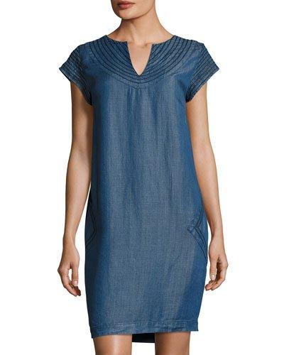 Cap-sleeve Embroidered Dress, Dark Blue