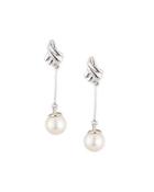 14k White Gold Freshwater Pearl & Diamond Dangle Earrings,