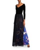 V-neck Long-sleeve Velvet Bodice Gown W/ Sheer Overlay