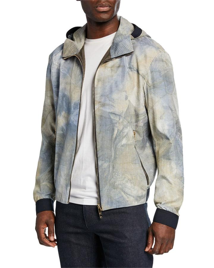 Men's Check-print Silk Zip-front Hoodie