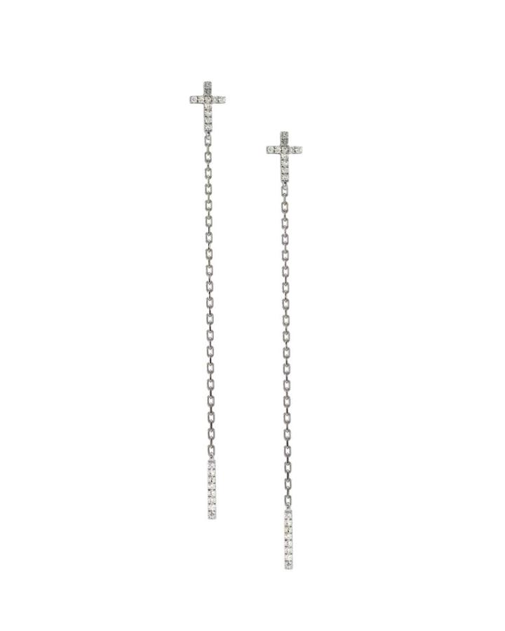14k White Gold Cross Dangle Earrings With Pave Diamonds