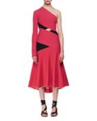 One-shoulder Exposed Bandage Midi Dress, Fuchsia