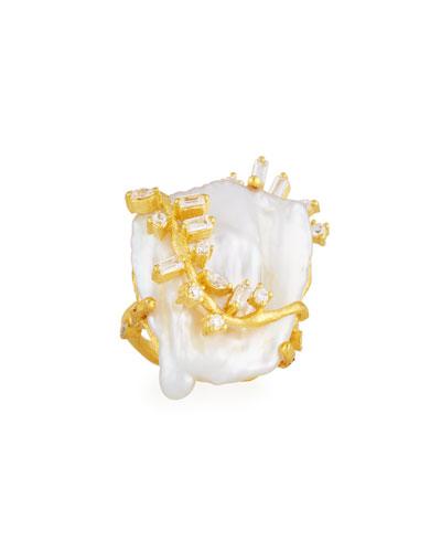 Keshi Pearl & Crystal Vine Cocktail Ring